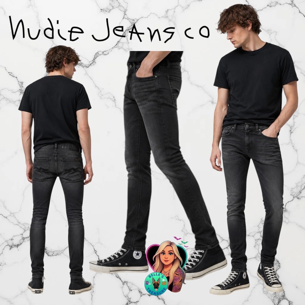 Nudie Jeans Men's 30x32 Skinny Lin Favorite Black Organic Cotton‎ Denim Stretch
